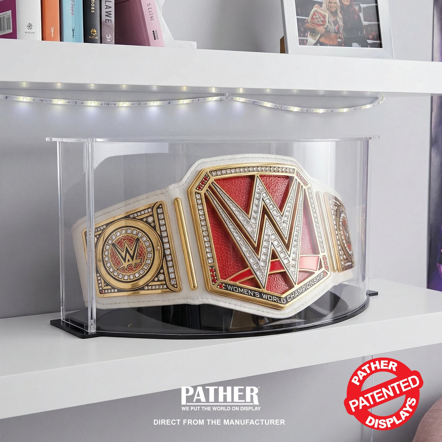 Pather. Patented 12.5in h Large Double Curved Display Case with Black Base