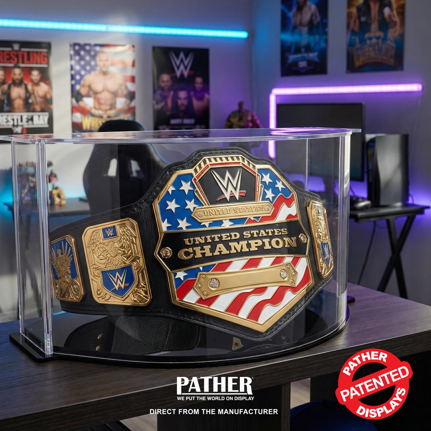Pather. Patented 12.5in h Large Double Curved Display Case with Black Base
